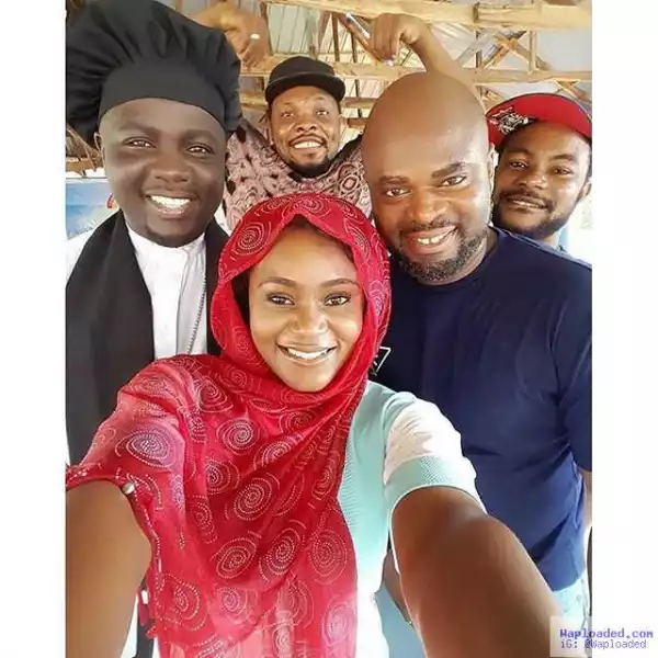 Photos: Comedian Seyi Law Turns "Prophet Nebu", Pictured On A Movie Set With Uche Jombo